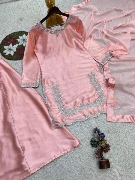 Mesmerizing Peach Designer Pure Devsena Silk Embroidery Sequin Top Plazzo Dupatta Set Ready To Wear Collection