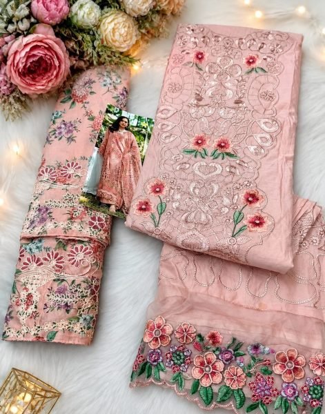 Mesmerizing Pink Designer Cambric Cotton Embroidered Suit with Digital Print Dupatta Pakistani Suits Wholesale