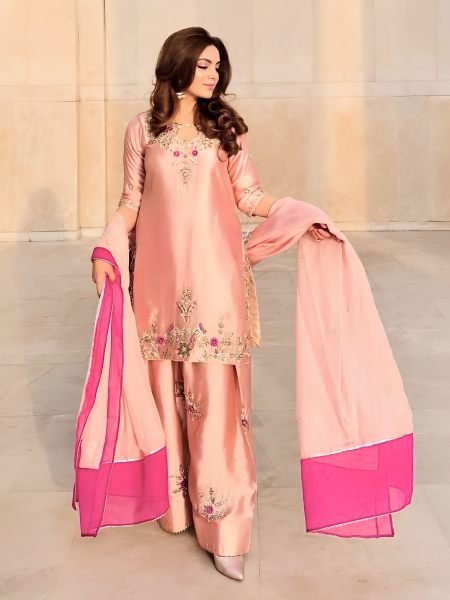 Mesmerizing Pink Devsena Silk Embroidered Farshi Shalwar Suit with Organza Dupatta Ready To Wear Suit