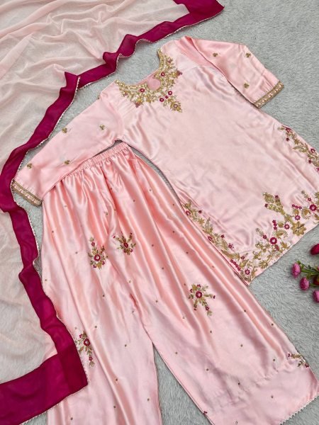 Mesmerizing Pink Devsena Silk Embroidered Farshi Shalwar Suit with Organza Dupatta Ready To Wear Collection