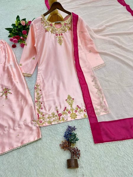 Mesmerizing Pink Devsena Silk Embroidered Farshi Shalwar Suit with Organza Dupatta Ready To Wear Collection