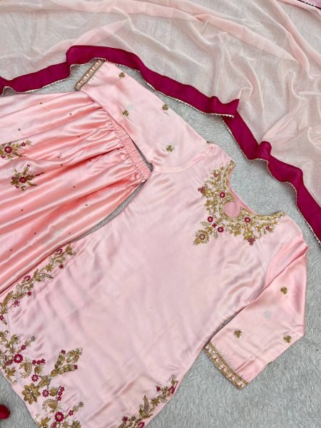 Mesmerizing Pink Devsena Silk Embroidered Farshi Shalwar Suit with Organza Dupatta Ready To Wear Collection