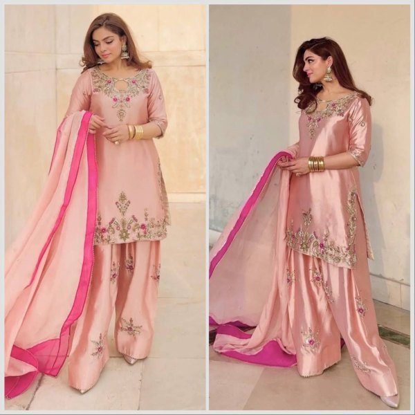 Mesmerizing Pink Devsena Silk Embroidered Farshi Shalwar Suit with Organza Dupatta Ready To Wear Collection