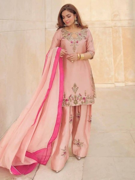 Mesmerizing Pink Devsena Silk Embroidered Farshi Shalwar Suit with Organza Dupatta Ready To Wear Collection