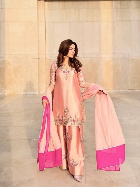 Mesmerizing Pink Devsena Silk Embroidered Farshi Shalwar Suit with Organza Dupatta Ready To Wear Collection