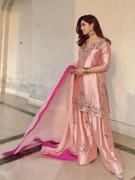 Mesmerizing Pink Devsena Silk Embroidered Farshi Shalwar Suit with Organza Dupatta Ready To Wear Collection
