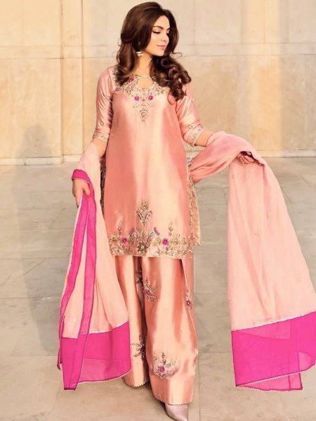 Mesmerizing Pink Devsena Silk Embroidered Farshi Shalwar Suit with Organza Dupatta Ready To Wear Collection