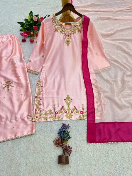 Mesmerizing Pink Devsena Silk Embroidered Farshi Shalwar Suit with Organza Dupatta Ready To Wear Collection