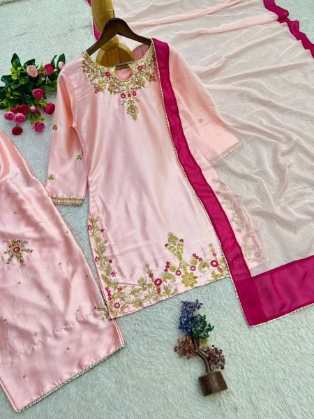 Mesmerizing Pink Devsena Silk Embroidered Farshi Shalwar Suit with Organza Dupatta Ready To Wear Collection