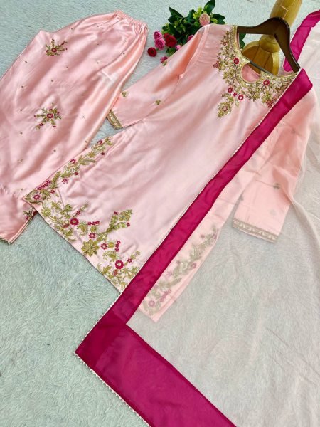 Mesmerizing Pink Devsena Silk Embroidered Farshi Shalwar Suit with Organza Dupatta Ready To Wear Collection
