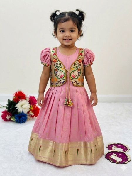 Mesmerizing Pink Girls Traditional Paithani Dress for Wedding and Festive Wear Kurtis