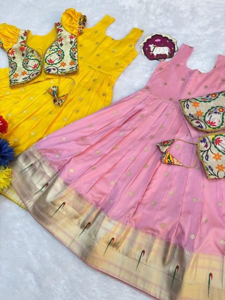Mesmerizing Pink Girls Traditional Paithani Dress for Wedding and Festive Wear Girls Wear