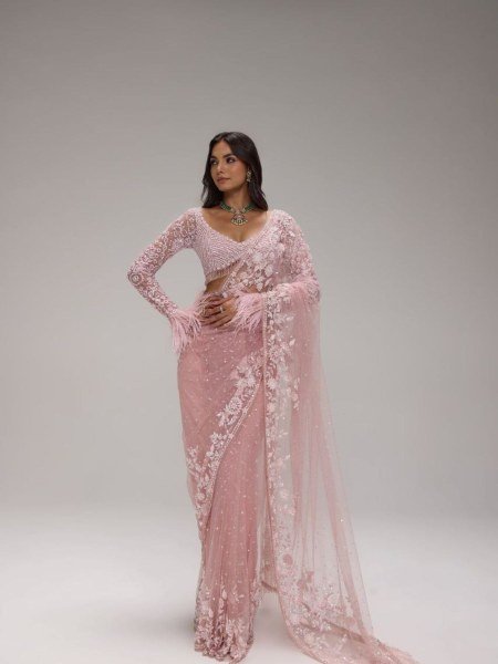 Mesmerizing Pink Sequins Saree with Heavy Embroidered Blouse for Festive Wear Sarees 