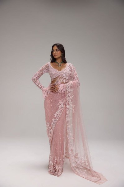 Mesmerizing Pink Sequins Saree with Heavy Embroidered Blouse for Festive Wear Bollywood Fancy Sarees Wholesale