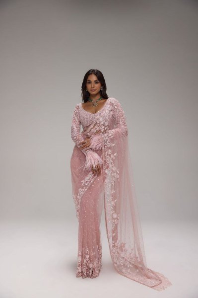 Mesmerizing Pink Sequins Saree with Heavy Embroidered Blouse for Festive Wear Bollywood Fancy Sarees Wholesale