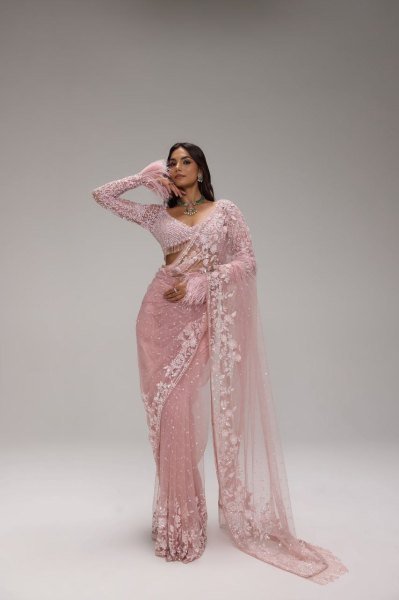 Mesmerizing Pink Sequins Saree with Heavy Embroidered Blouse for Festive Wear Bollywood Fancy Sarees Wholesale