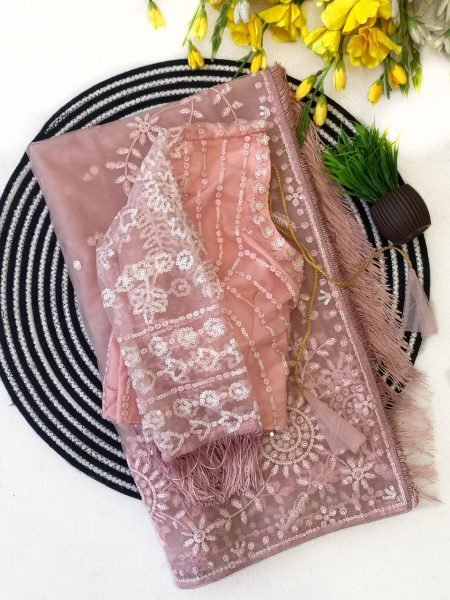 Mesmerizing Pink Sequins Saree with Heavy Embroidered Blouse for Festive Wear Bollywood Fancy Sarees Wholesale