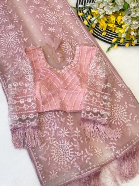 Mesmerizing Pink Sequins Saree with Heavy Embroidered Blouse for Festive Wear Bollywood Fancy Sarees Wholesale