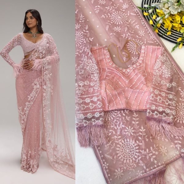 Mesmerizing Pink Sequins Saree with Heavy Embroidered Blouse for Festive Wear Bollywood Fancy Sarees Wholesale
