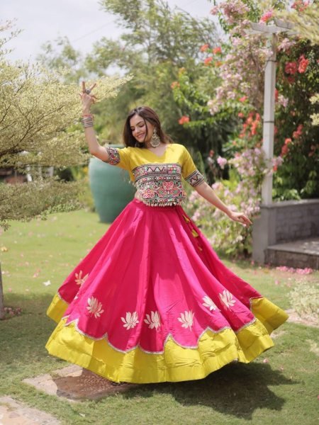 Mesmerizing Pink Yellow Roman Fabric Navratri Lehenga Set with Lotus Gota Work  Lehenga
