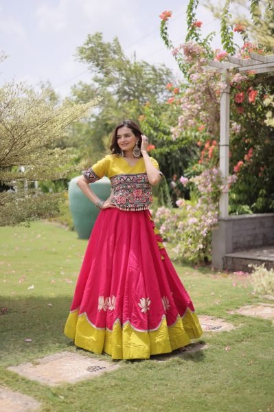 Mesmerizing Pink Yellow Roman Fabric Navratri Lehenga Set with Lotus Gota Work Navratri Lehnega Choli