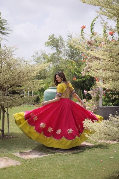 Mesmerizing Pink Yellow Roman Fabric Navratri Lehenga Set with Lotus Gota Work Navratri Lehnega Choli