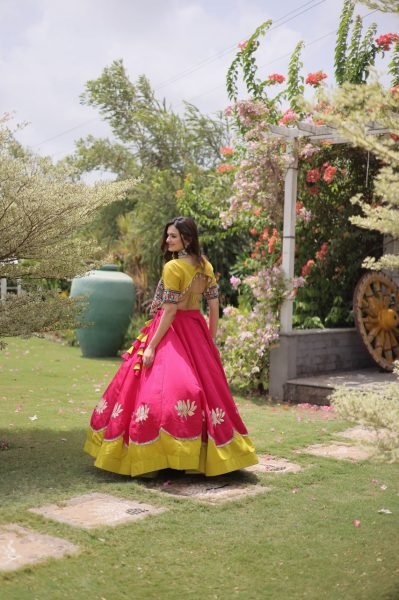 Mesmerizing Pink Yellow Roman Fabric Navratri Lehenga Set with Lotus Gota Work Navratri Lehnega Choli