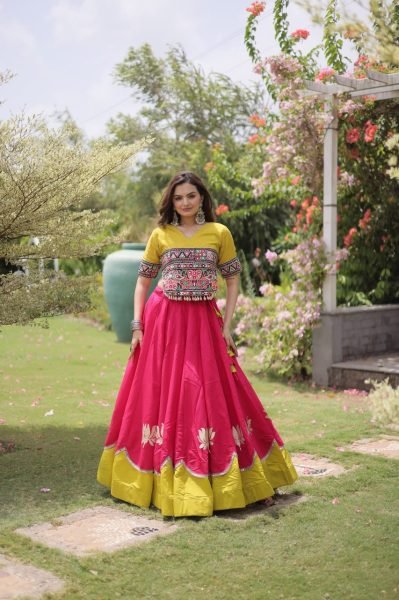 Mesmerizing Pink Yellow Roman Fabric Navratri Lehenga Set with Lotus Gota Work Navratri Lehnega Choli