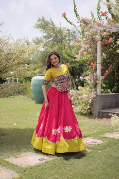 Mesmerizing Pink Yellow Roman Fabric Navratri Lehenga Set with Lotus Gota Work Navratri Lehnega Choli