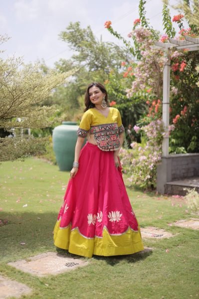 Mesmerizing Pink Yellow Roman Fabric Navratri Lehenga Set with Lotus Gota Work Navratri Lehnega Choli