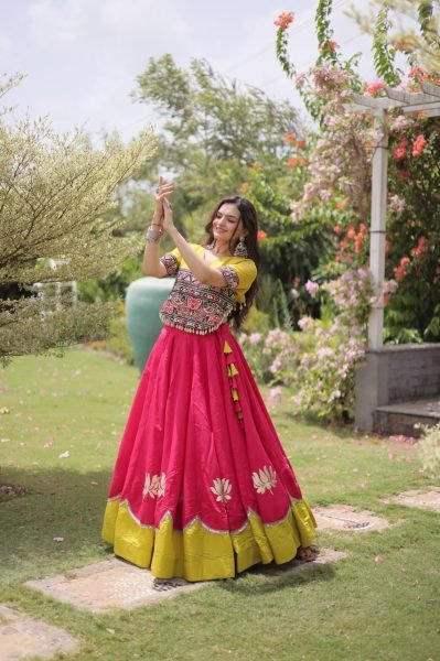 Mesmerizing Pink Yellow Roman Fabric Navratri Lehenga Set with Lotus Gota Work Navratri Lehnega Choli