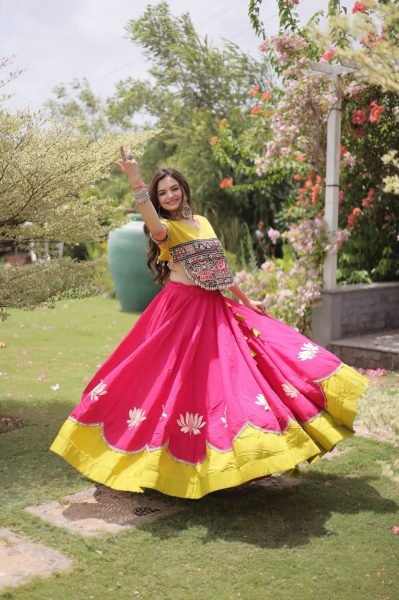 Mesmerizing Pink Yellow Roman Fabric Navratri Lehenga Set with Lotus Gota Work Navratri Lehnega Choli