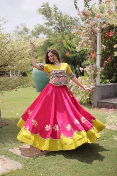 Mesmerizing Pink Yellow Roman Fabric Navratri Lehenga Set with Lotus Gota Work Navratri Lehnega Choli