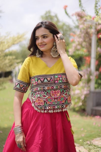 Mesmerizing Pink Yellow Roman Fabric Navratri Lehenga Set with Lotus Gota Work Navratri Lehnega Choli