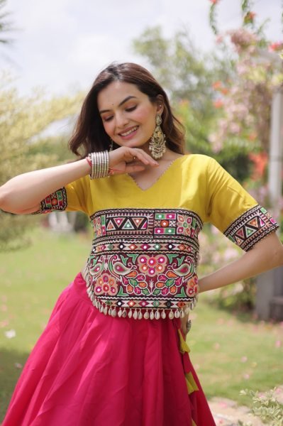 Mesmerizing Pink Yellow Roman Fabric Navratri Lehenga Set with Lotus Gota Work Navratri Lehnega Choli