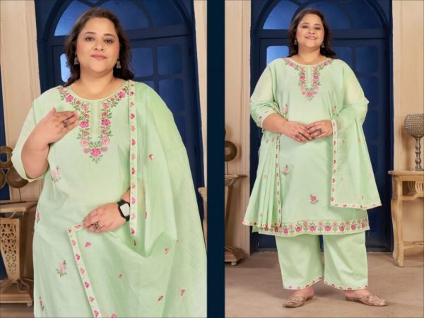 Mesmerizing Pista Green Plus-Size Cotton Palazzo Suit Set For Office Wear Plus Size Kurti / Gown