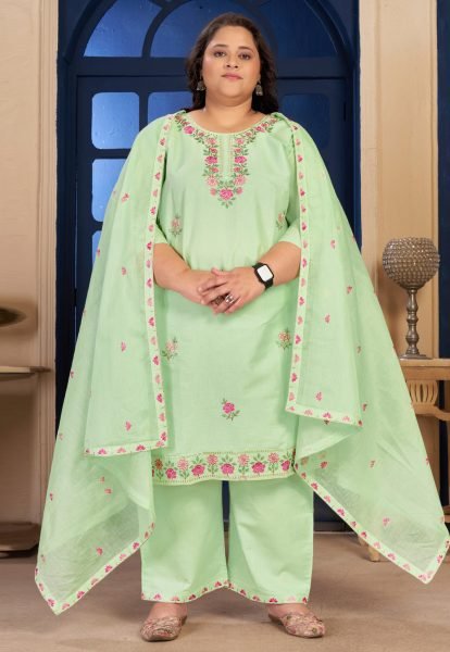 Mesmerizing Pista Green Plus-Size Cotton Palazzo Suit Set For Office Wear Plus Size Kurti / Gown
