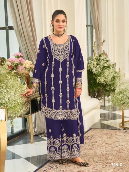 Mesmerizing Purple Airtex Chinon Top with Heavy Embroidered Chinon Palazzo For Wedding Designer Plazzo Salwar Suits Wholesale