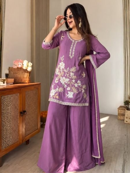 Mesmerizing Purple Chinnon Embroidered Kurti Palazzo Set with Dupatta at Wholesale Rate 3 Piece Kurti Set