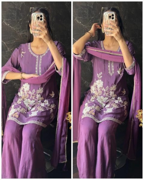 Mesmerizing Purple Chinnon Embroidered Kurti Palazzo Set with Dupatta at Wholesale Rate 3 Piece Kurti Set