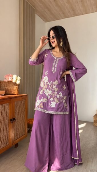 Mesmerizing Purple Chinnon Embroidered Kurti Palazzo Set with Dupatta at Wholesale Rate 3 Piece Kurti Set