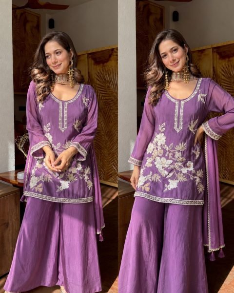 Mesmerizing Purple Chinnon Embroidered Kurti Palazzo Set with Dupatta at Wholesale Rate 3 Piece Kurti Set