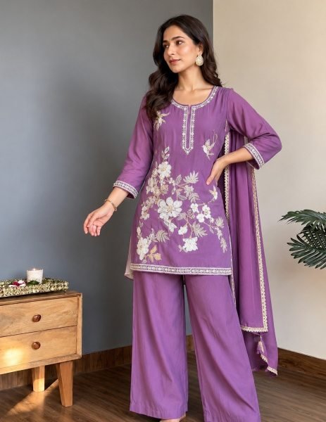 Mesmerizing Purple Chinnon Embroidered Kurti Palazzo Set with Dupatta at Wholesale Rate 3 Piece Kurti Set