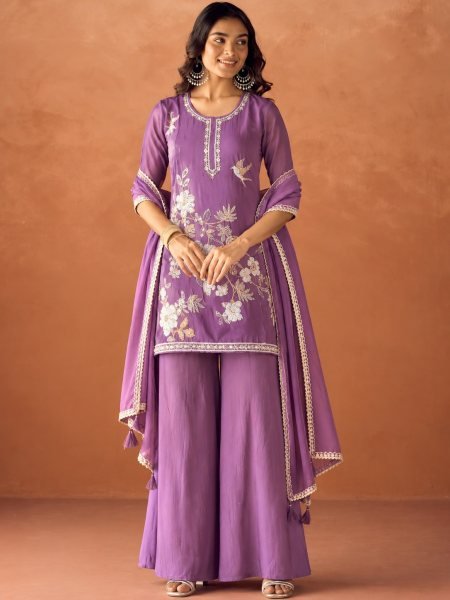 Mesmerizing Purple Chinnon Embroidered Kurti Palazzo Set with Dupatta at Wholesale Rate 3 Piece Kurti Set