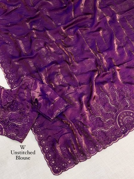Mesmerizing Purple Dual Tone Fandy Satin Saree with Thread Embroidery Sequin Work at Wholesale Rate Designer Wedding Sarees Wholesale