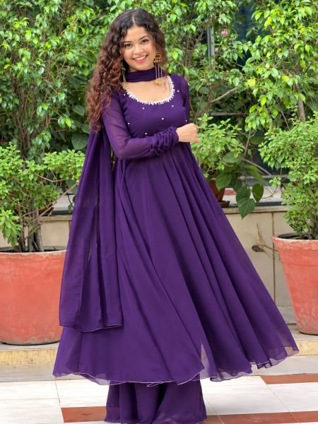 Mesmerizing Purple Fox Georgette Gown with Palazzo and Embroidered Dupatta Kurtis