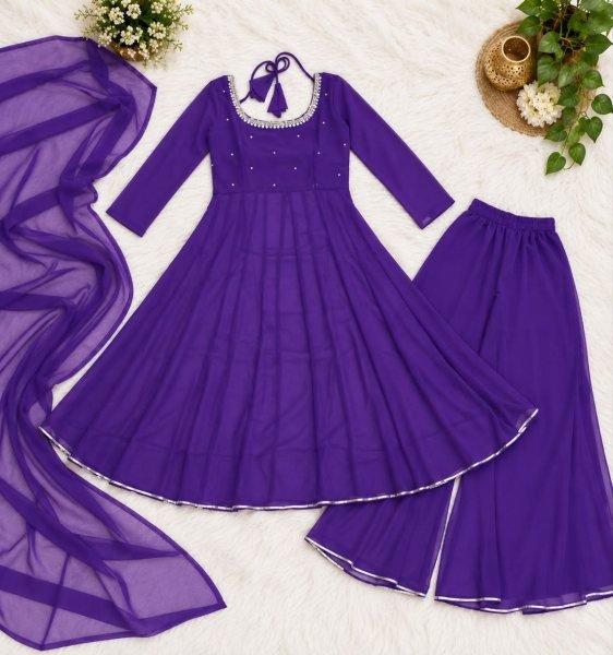 Mesmerizing Purple Fox Georgette Gown with Palazzo and Embroidered Dupatta Anarkali Kurtis 