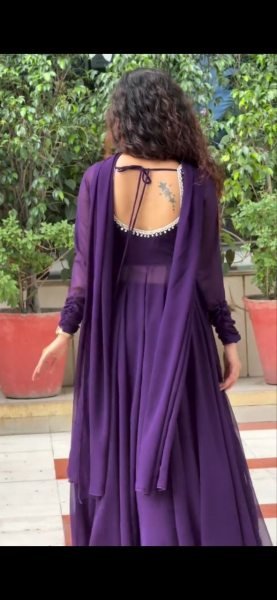 Mesmerizing Purple Fox Georgette Gown with Palazzo and Embroidered Dupatta Anarkali Kurtis 