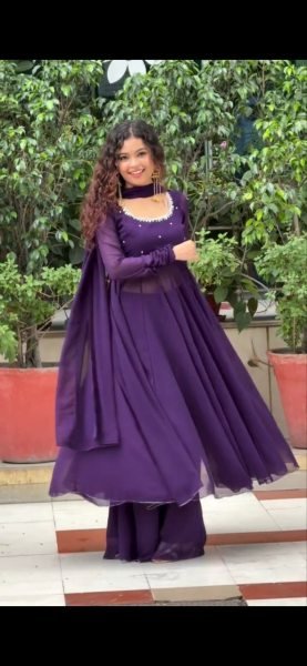 Mesmerizing Purple Fox Georgette Gown with Palazzo and Embroidered Dupatta Anarkali Kurtis 