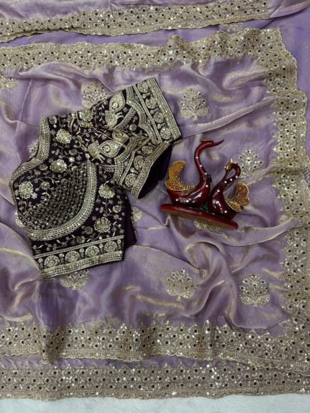 Mesmerizing Purple Satin Saree with Heavy Sequins Border and Fully Stitched Blouse Wholesale Sarees Suppliers in Canada